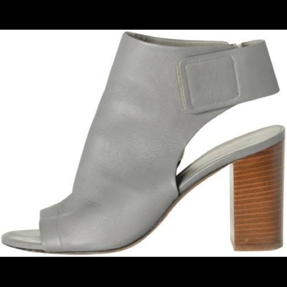 Vince grey leather sanders with stacked heel.